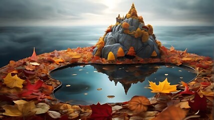 Surreal Autumn Leaves Fortress and Garden ,Generative AI