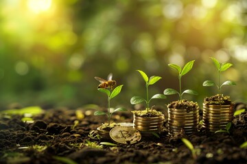 Prosperous growth, coins stacked with sprouting plants symbolizing financial success and business development against blurred forest background.