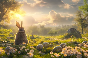 Fotobehang Osterhase im Sonnenschein auf Wiese mit Ostereiern, Hase mit bunten Eiern, Konzept Ostern © GreenOptix