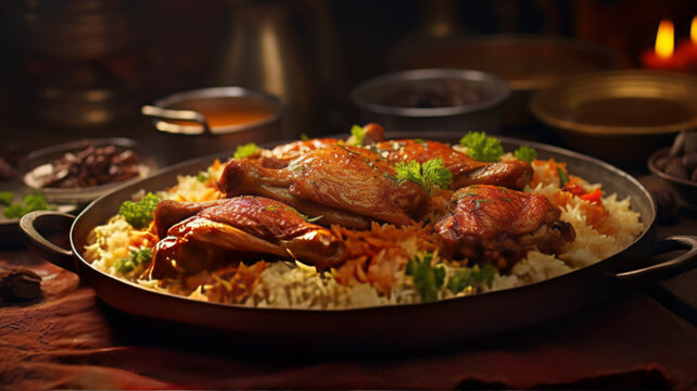 Traditional iranian biryani meal with chicken and rice on table