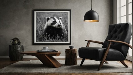A modern and stylish living room interior features a large framed badger portrait as the focal point