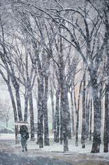 Man with umbrella in Snowstorm - 745691573