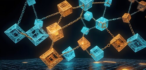 Golden Bitcoin cubes float connected by chains above a digital grid, metaphorically representing the high value and fluid nature of cryptocurrency networks. AI Generative - obrazy, fototapety, plakaty