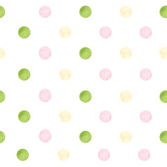 Pink beige and green pastel polka dots seamless pattern