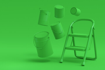 Set of metal cans or buckets with paint roller, brush and folding ladder