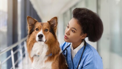 Generated image of sad dog waiting for owner in hallway of pet hospital