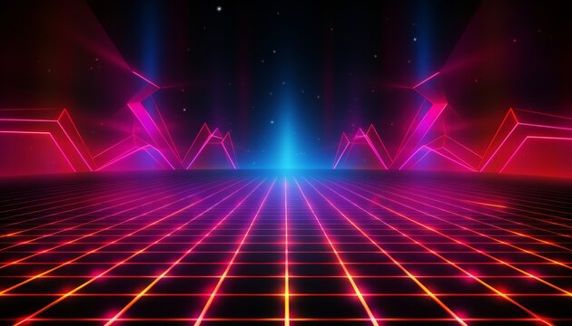 Synthwave wireframe net in retro futuristic 80s background - 4k video loop with neon lights glow
