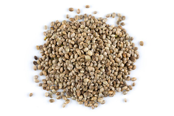 Cannabis hemp seeds pile close up macro shot isolated