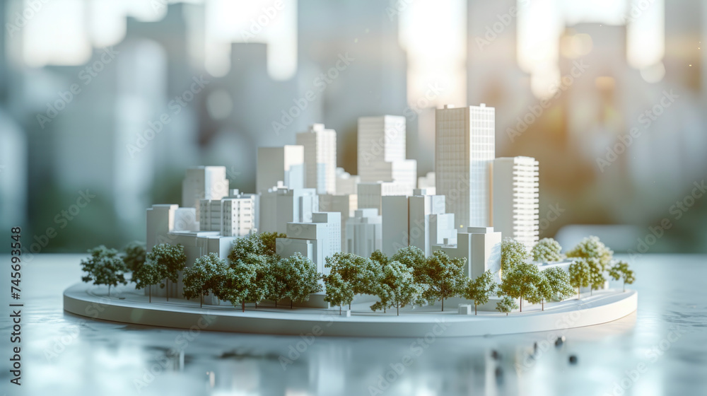 Poster a detailed architectural model home basks in soft daylight, surrounded by meticulously designed gree