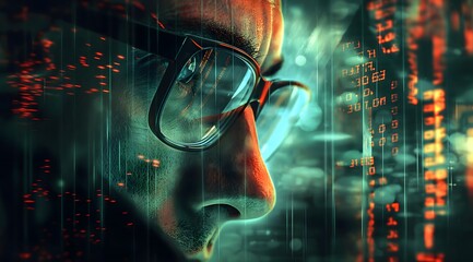 Augen eines Mannes mit reflektierenden Technik Hologrammen, Reflektionen der digitalen Welt, Konzept Digiralisierung