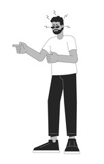 Black man shouting black and white 2D line cartoon character. Bad mood adult male isolated vector outline person. Gesture body language, emotional expression monochromatic flat spot illustration