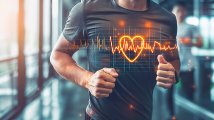 Close-up of the body of a man running and hologram of a cardiogram of his heart on his chest. The concept of monitoring of cardiac performance indicators during sports. 