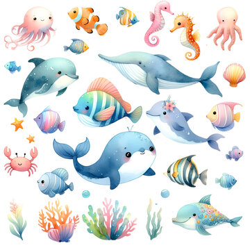 cute aqua animals watercolor animal  watercolor