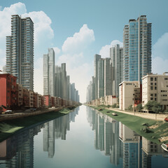 Slum an einem Fluss mit reicher Skyline im Hintergrund, einfache Häuser in Asien, Asiatische Bauweise