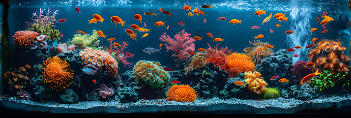 Fototapeta na wymiar An exquisite aqua scape featuring a lush underwater garden with vibrant aquatic plants, Aquarium colorful underwater world plants banner, 