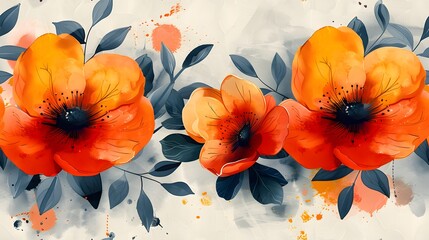 Flowers and leaves flowing abstract textures in watercolors