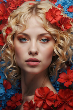 Close-up of a beautiful girl with blond curly hair surrounded by red flowers. Haircare and beauty promotional image.