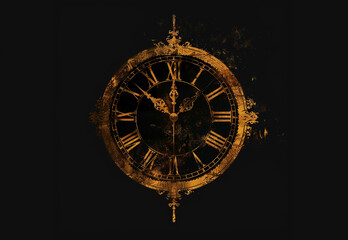 Mystical design of a vintage roman numbered clock on dark background - obrazy, fototapety, plakaty