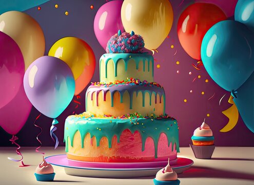 A whimsical scene of a cake and cupcakes adorned with colorful balloons