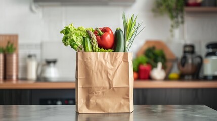 A paper grocery bag overflowing with fresh vegetables sits on a modern kitchen counter, ready for meal preparation.