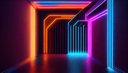 Neon corridor, geometric background. AI generated.