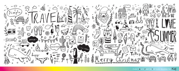 Collection of hand drawn cute doodles,Doodle children drawing,Sketch set of drawings in child style,Funny Doodle Hand Drawn,Page for coloring, cute animal