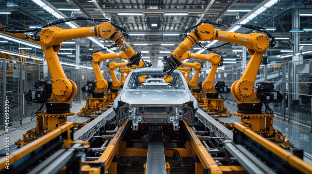 Aufkleber automated robotics arms efficiently assembling a car on a production line, showcasing precision and 
