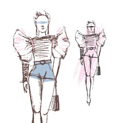 Model. Silhouette of a girl in fashionable clothes. Fashion show. Development of a clothing collection from a fashion designer. Vector illustration made from ink in sketch style