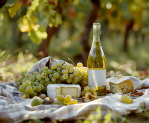 A picnic at the vineyard with wine, grapes, cheese and other snacks. Small snack in nature.