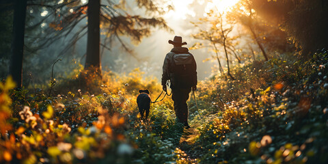 A Man Walks With His Dog At Sunset