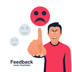 The person gave a bad rating. People give feedback. Dissatisfied customer experience. Unhappy customer with a sad face, and bad review. Vector illustration flat design. Isolated on a white background.