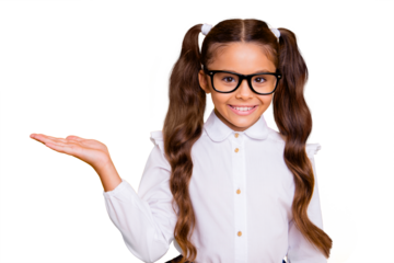 Close up portrait of intelligent, lovely, bunette girl look at camera and hold invisible product on hand isolated on yellow background with copy space for text