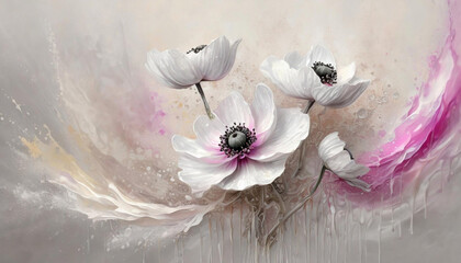 Abstrakcyjne, malowane kwiaty Zawilców, tapeta, dekoracja. Generative AI