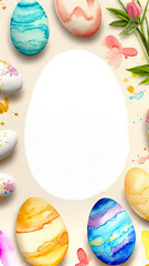 Fototapeta na wymiar Frame of Easter eggs and spring flowers, watercolor. High quality photo Delicate pastel colors depicting Easter eggs and flowers create an atmosphere of celebration, joy and happiness