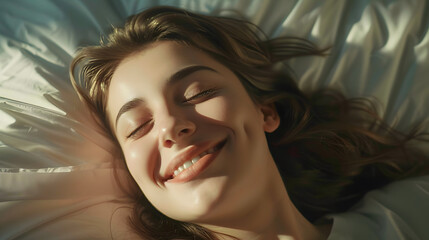 A happy woman lies in bed with her eyes closed and smiles peacefully