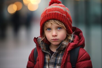Portrait of a little boy in a red hat and jacket in the city