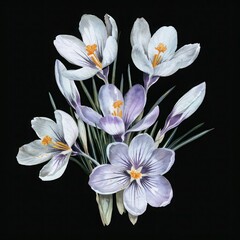 Watercolor Crocuses Flowers isolated on black background