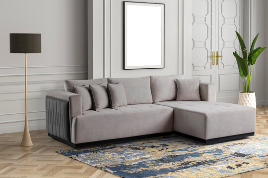3D rendering .modern living room .modern corner furniture .photo frame and flower pot and carpet