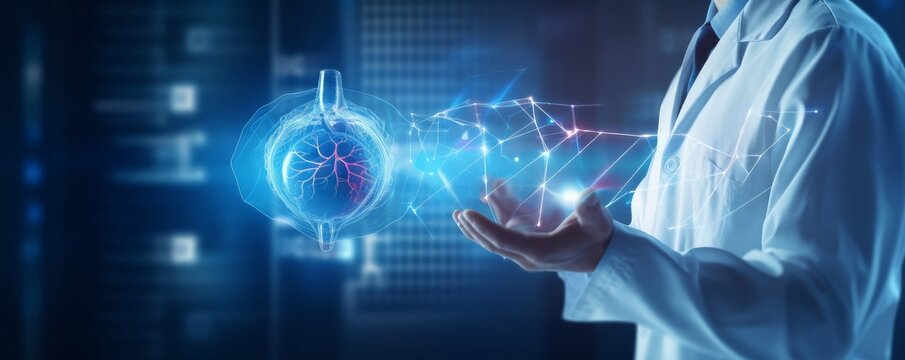 Cardiologist doctor examine patient heart functions and blood vessel on interface. Medical technology and healthcare to diagnose heart disorder and disease of cardiovascular, Generative AI