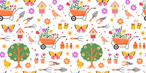 Spring gardening seamless pattern. Bloom time. Early spring farming. Garden tools, wheelbarrow, seeds, plants, fertilizer, flowers. Hand drawn. Background, wrapping paper, digital paper.
