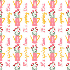 Watering can with spring flowers seamless pattern. It's spring time inscription. Gardening. Colorful hand drawn backdrop. Banner, background, wrapping paper, digital paper.