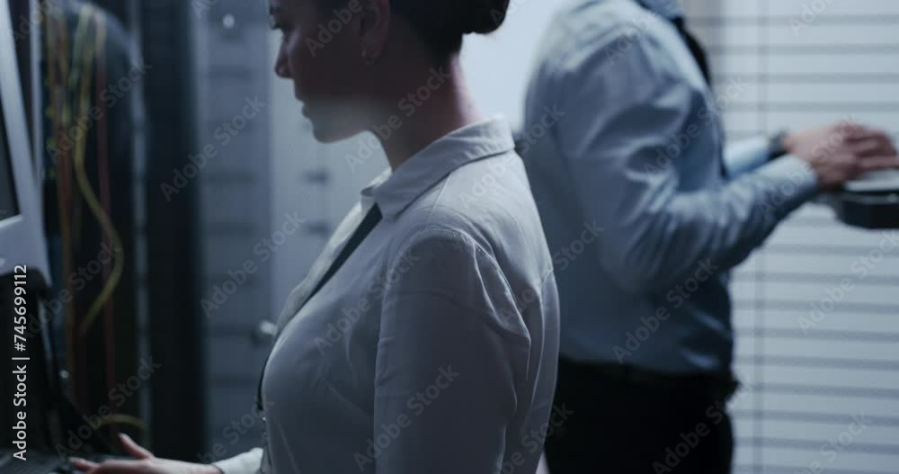 Fototapete Team of people, data center and laptop for maintenance, system and hardware or software backup in cybersecurity. Technician or woman for computer engineering, code inspection and server room solution