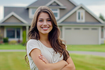 Radiant young woman with arms crossed in front of home - obrazy, fototapety, plakaty