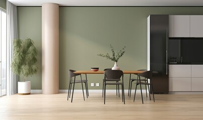 Blank sage green wall partition, white baseboard on parquet floor in luxury, modern kitchen with wooden dining table, cupboard, black refrigerator in sunlight from window curtain, Generative AI
 - obrazy, fototapety, plakaty