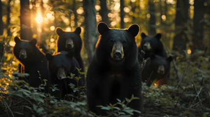 Black bear family walking towards the camera in the forest with setting sun. Group of wild animals...