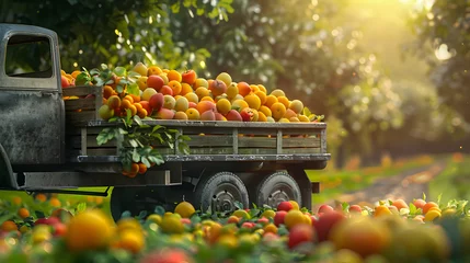 Foto op Plexiglas Vintage truck carrying various types of fruits in an orchard with sunset. Concept of food transportation, logistics and cargo. © linda_vostrovska
