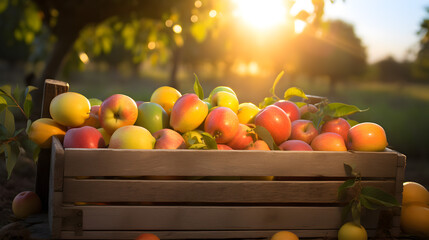 Various kinds of fruits harvested in a wooden box in an orchard with sunset. Natural organic fruit abundance. Agriculture, healthy and natural food concept. Horizontal composition.