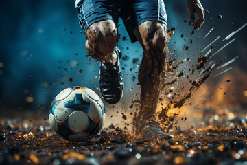 Konzept Action Fußball, Fußballspieler rennt dem Ball hinterher, Dynamische Bewegung, Schuss aufs Tor - obrazy, fototapety, plakaty