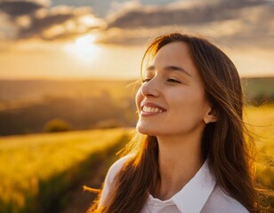 calm happy smiling free woman with closed eyes enjoys best beautiful moment life at sunset time
