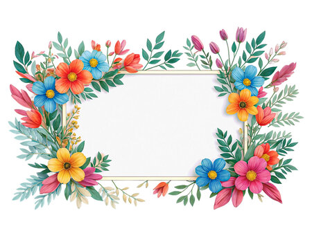 Frame made of different size and color flowers on PNG background. Generative AI.